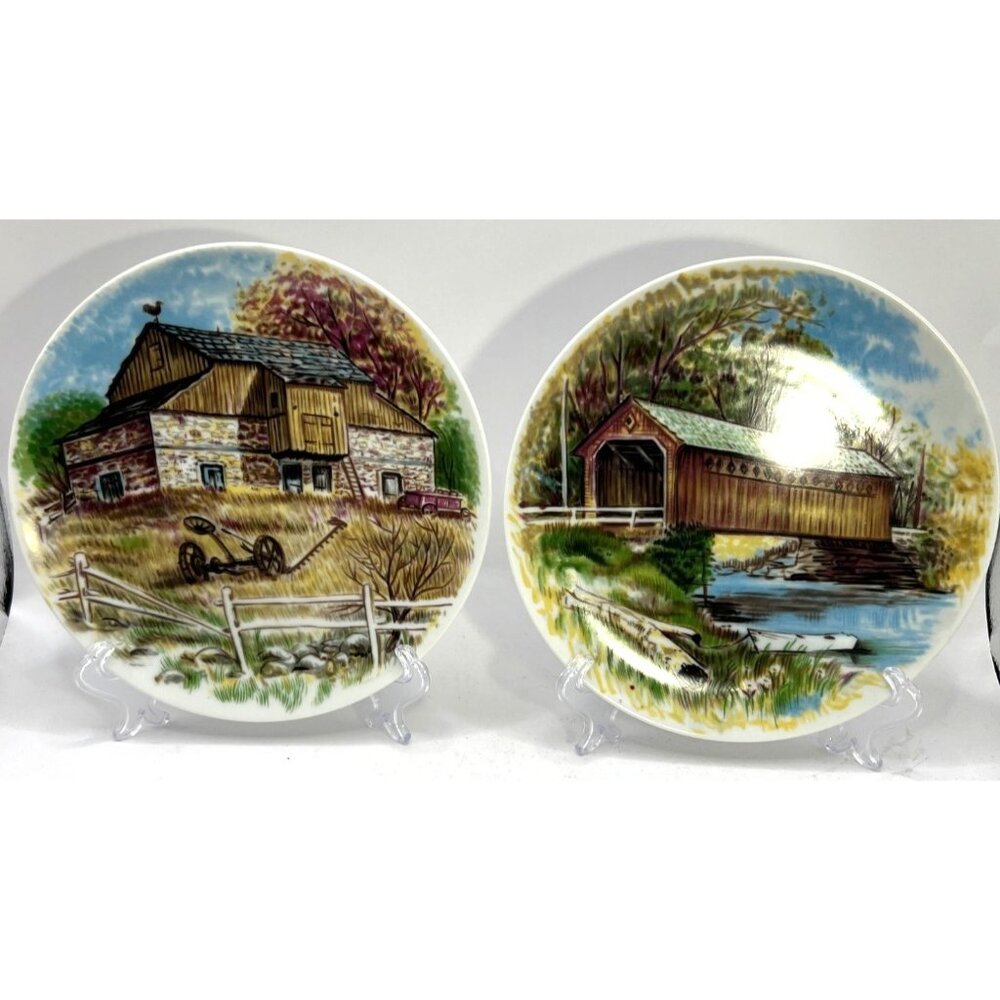 2 Vtg Bavaria Decorative Plates Covered Bridge, Summer Barn